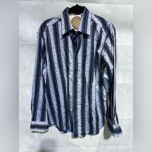 Robert Graham Mens L Colorful Striped Cotton Button Down Dress Shirt Embroidered